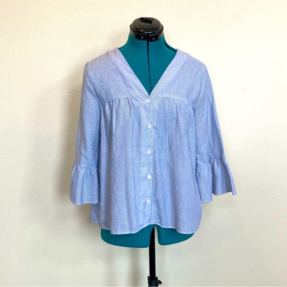 Madewell V-Neck Button Front Shirt 100% Cotton Grayish Blue/White Pinstripes